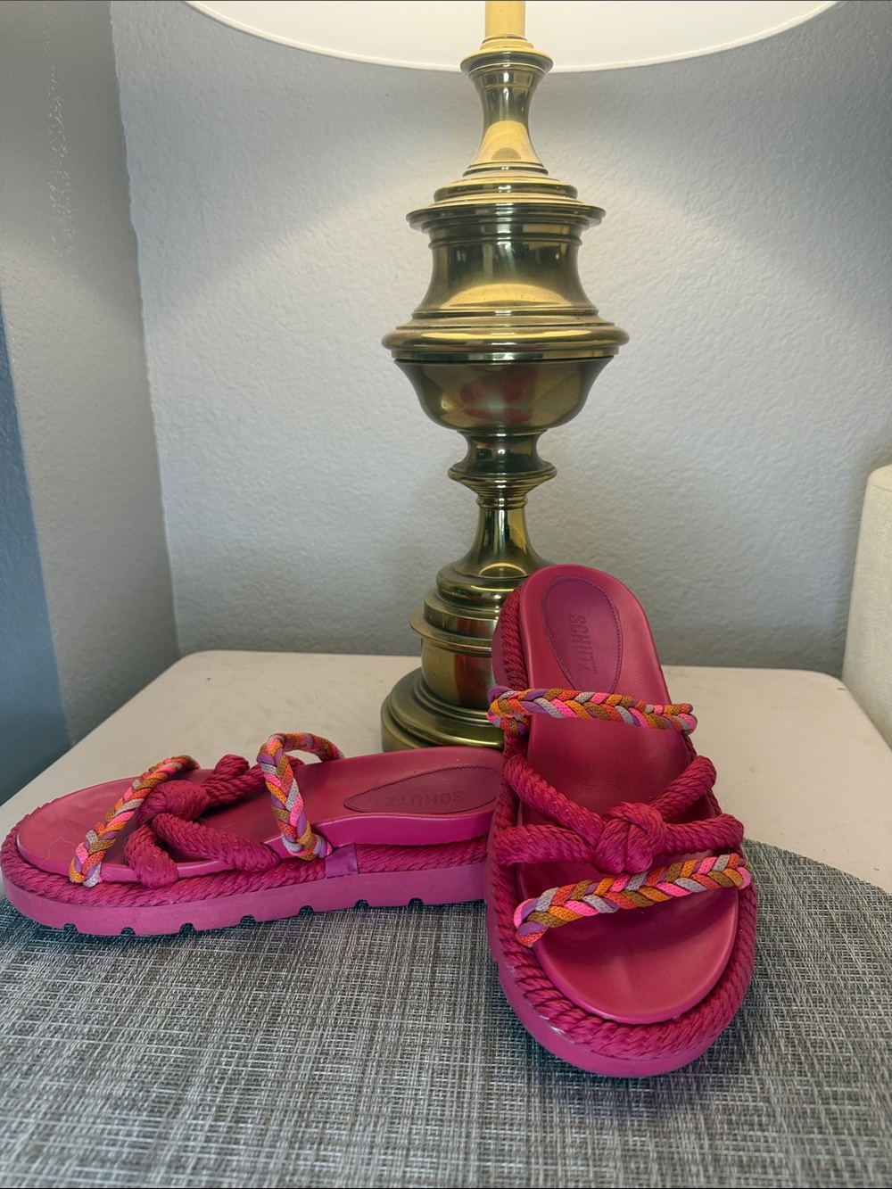 SCHUTZ Hot Pink Braided Rope Slide Sandals